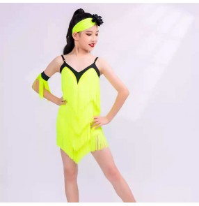 Girls kids fluorescent yellow tassels latin dance dresses modern rumba chacha ballroom performance costumes for children